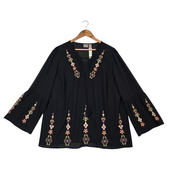 Chico's Chiffon Peasant Top sz 3 (XL) Black Embroidery Bell Sleeve Tassel Ties - Picture 1 of 15